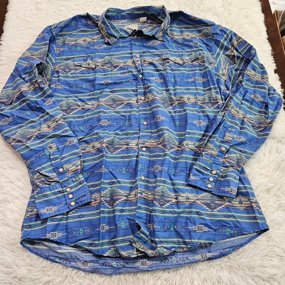 Roper Mens Blue Southwestern Long Sleeve Pearl Snap Cowboy Shirt 2XL